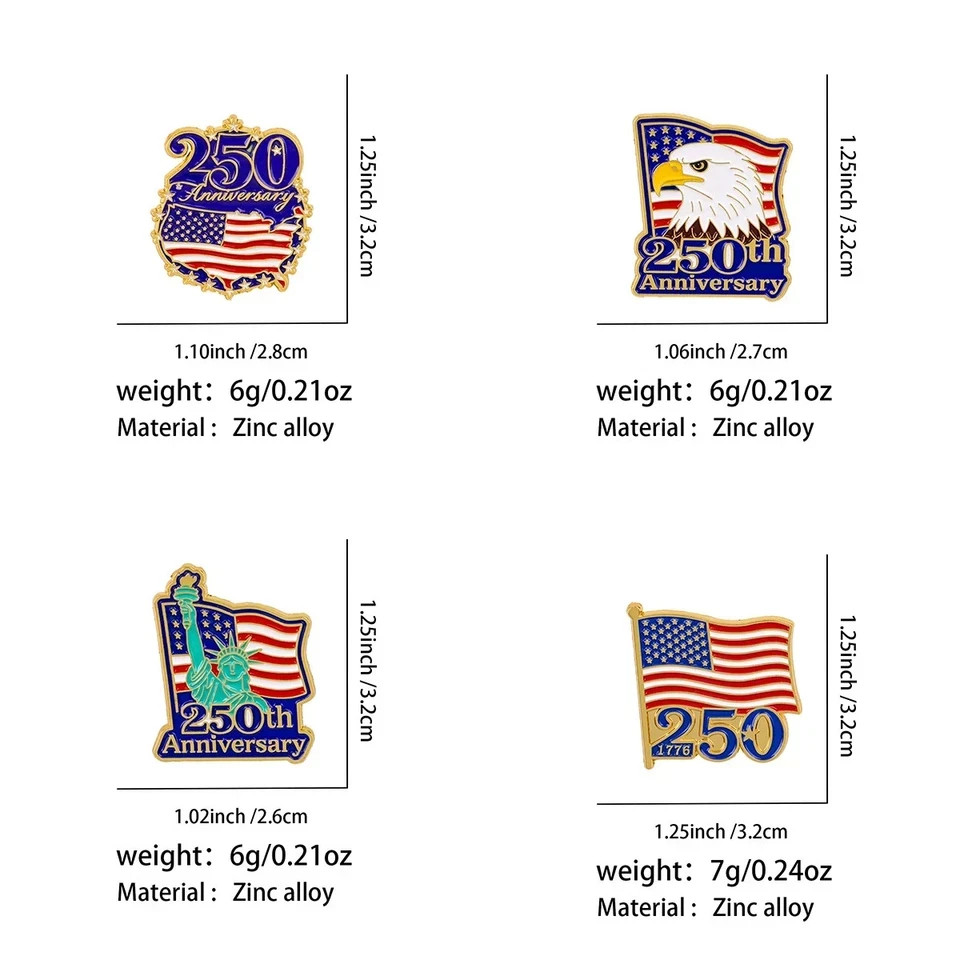 4PCS America 250th Birthday Enamel Pins USA 250 Years Anniversary Metal Brooch