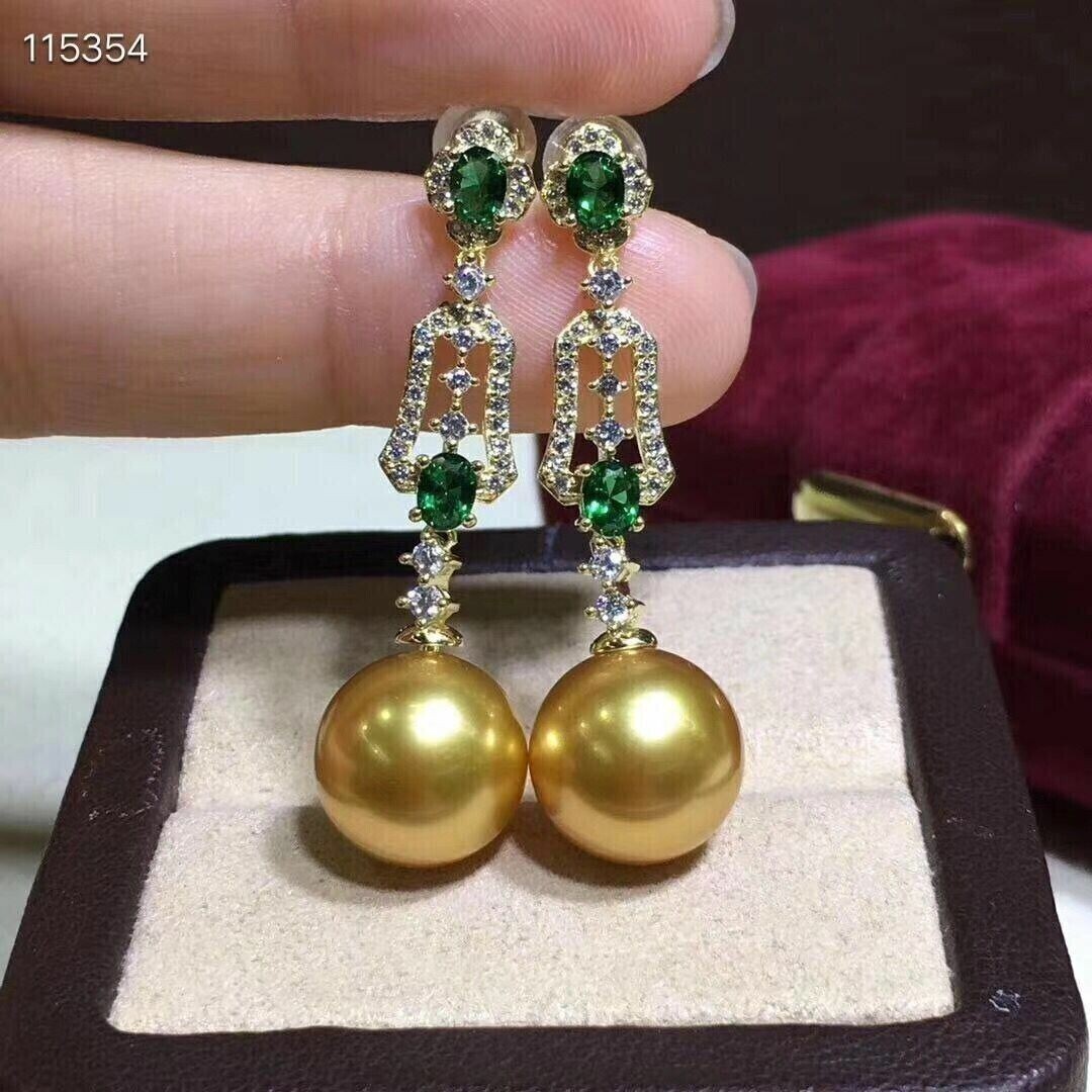 HUGE AAAAA+++++ 10 mm Round Natural South Sea Golden Pearl Earring 925S..