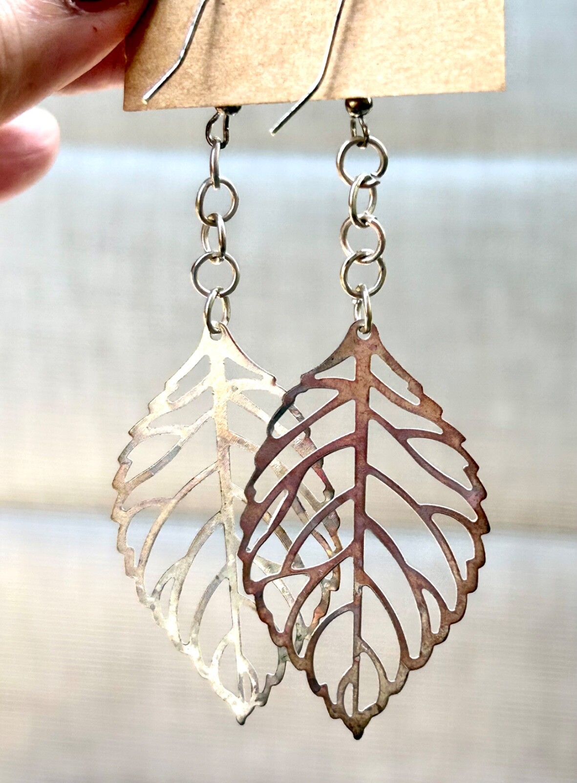 Leaf Earrings Filigree Hand Made Silver-tone Dangly