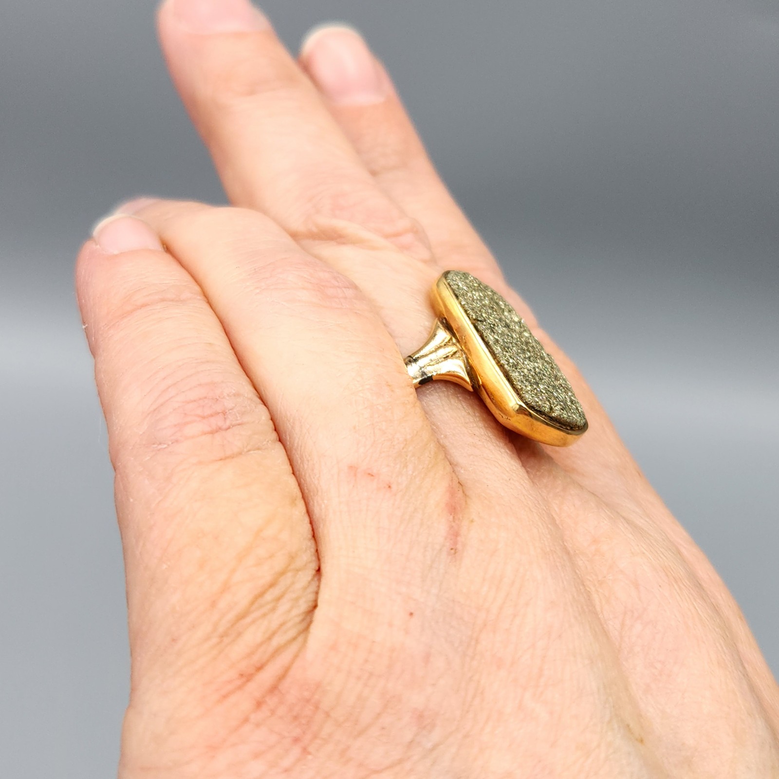 14K Rose Gold Large Pyrite Fools Gold Druzy Rectangle Band Ring Size 11.25 7.5g