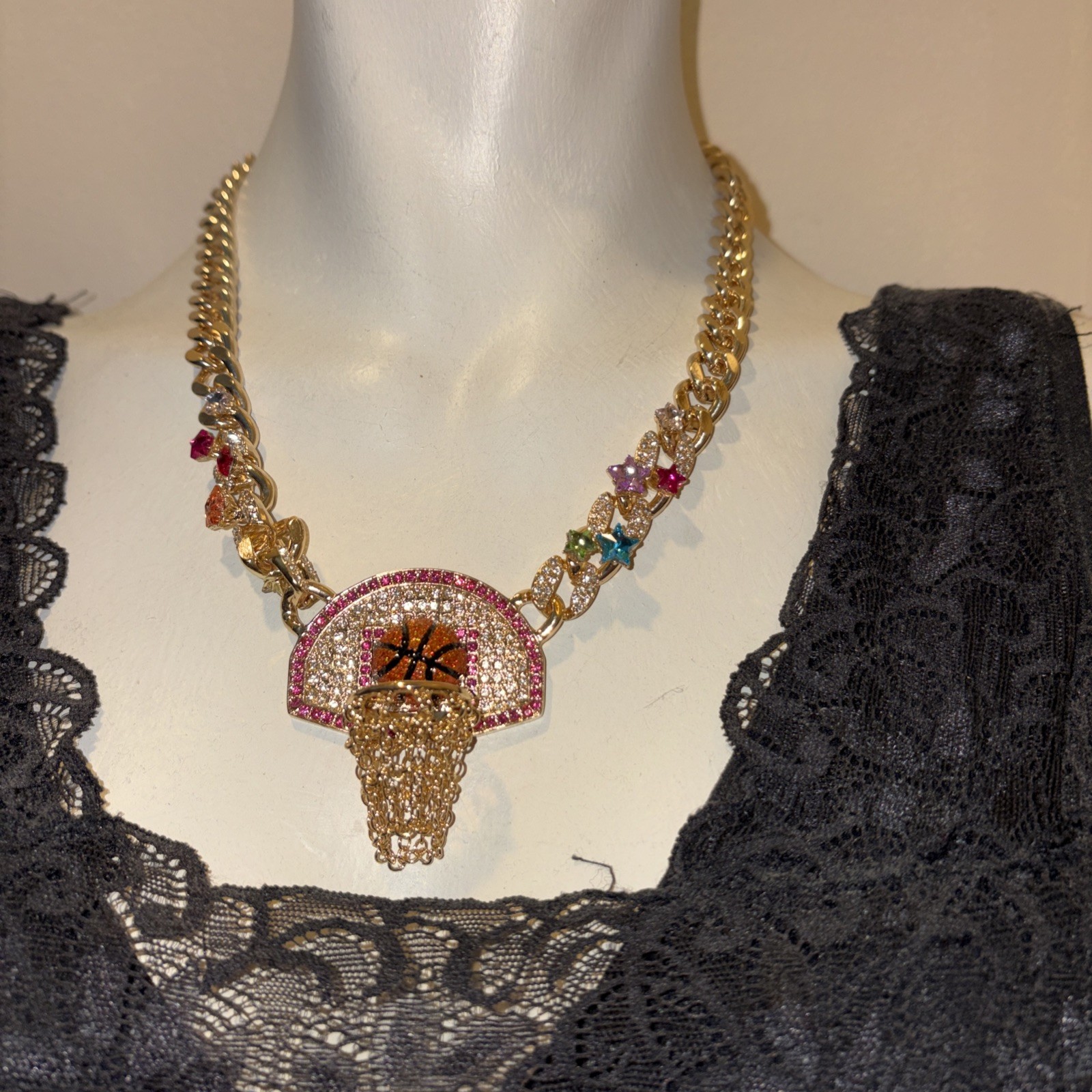Betsey Johnson Necklace Gold Tone Basketball Hoop Drop With Orange Glitter Balls