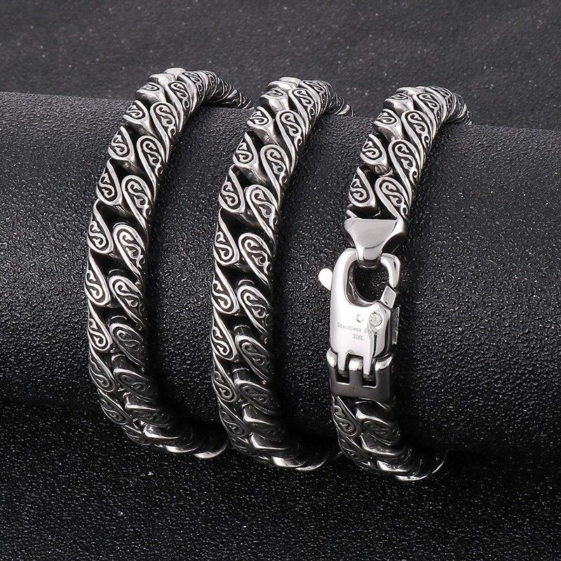 Men Vintage Distressed Silver Titanium Steel Necklace Bracelet Set Hip Hop Punk