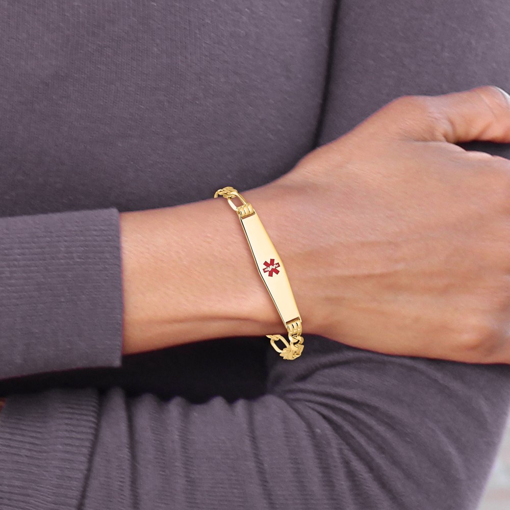 14K Yellow Gold Solid Chain 36x9mm Red Enamel Flat Figaro Link Charm Bracelet 8″