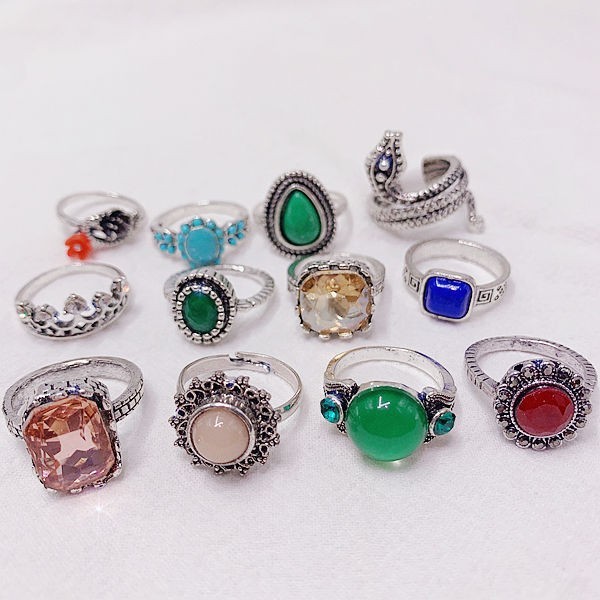 50pcs Bulk Lots Vintage Crystal Stone Mix Plated antique silver Jewelry Ring