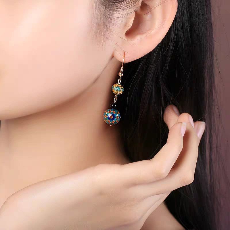 Chinese Cloisonne Enamel Earrings Vintage Ethnic Dangle Earrings For Women