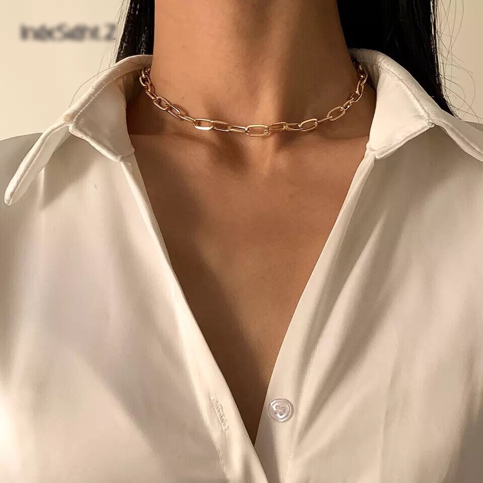 Women Rose Gold Plated Paper Clip Thick Link Chain Necklace Choker N191
