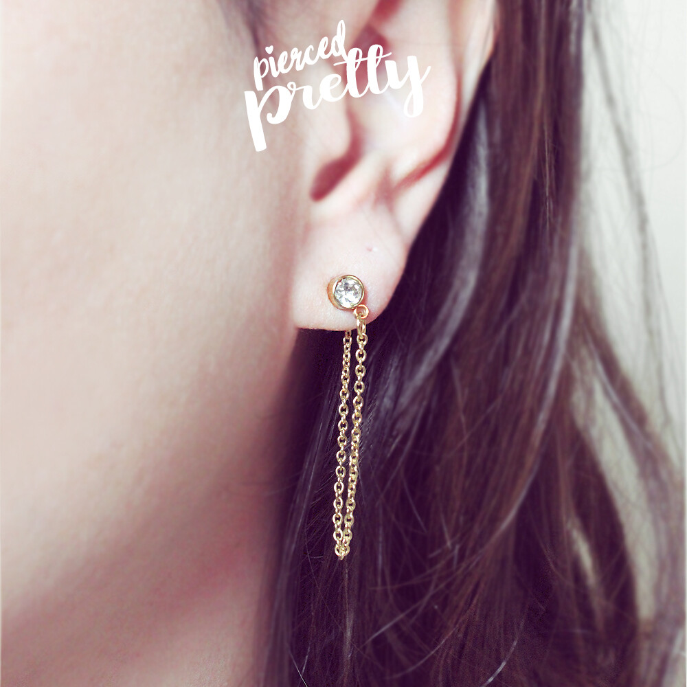 Handmade CZ stud chain earrings, 20g dangle lobe chain earrings, Sold as a pair
