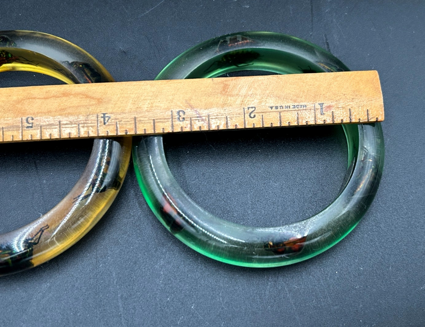 2 Vintage Resin Lucite Jewel Bettle Bangle Bracelets from Philippines Green Yell