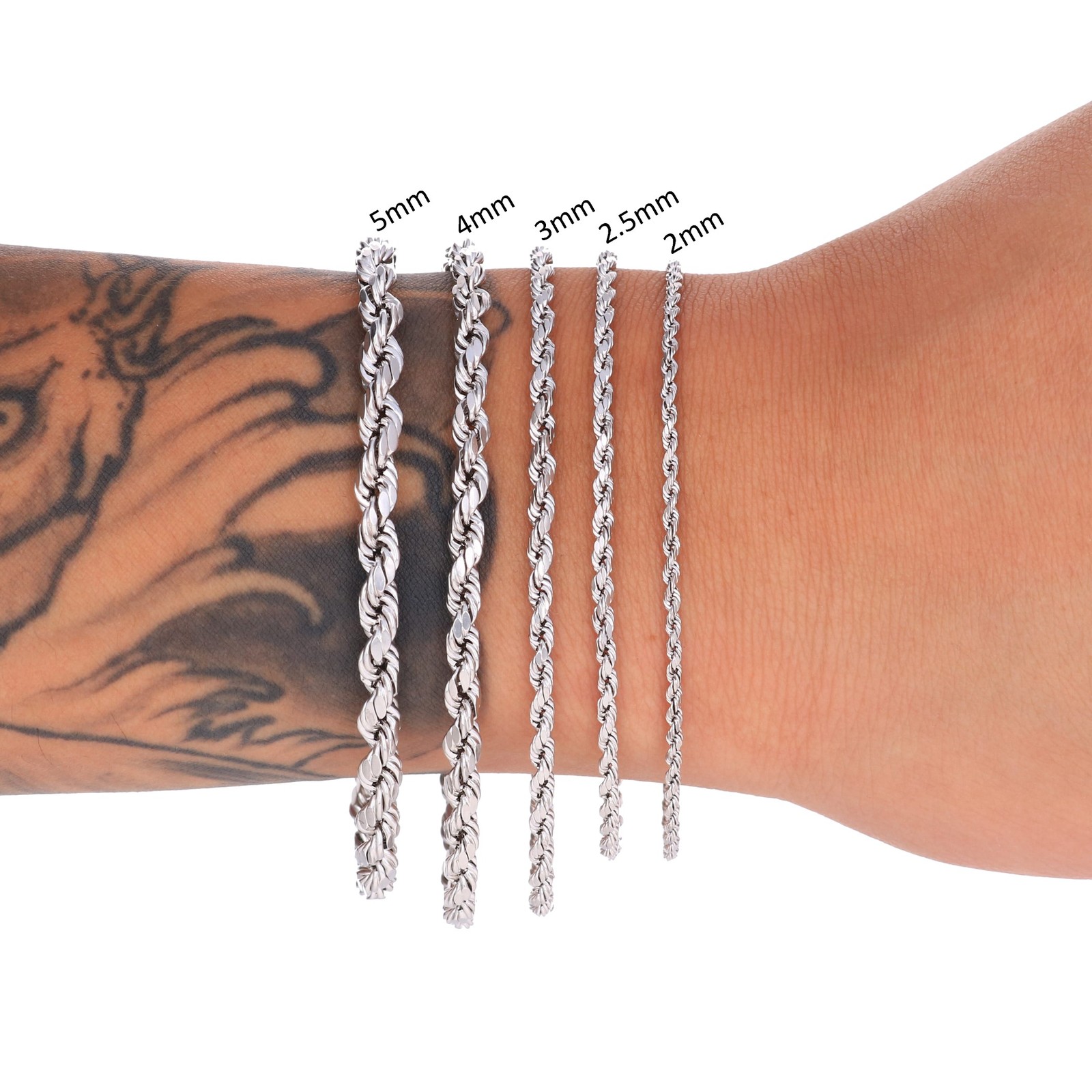 10K White Gold 2mm-5mm Diamond Cut Rope Chain Bracelet Mens Womens 7″ 8″ 9″