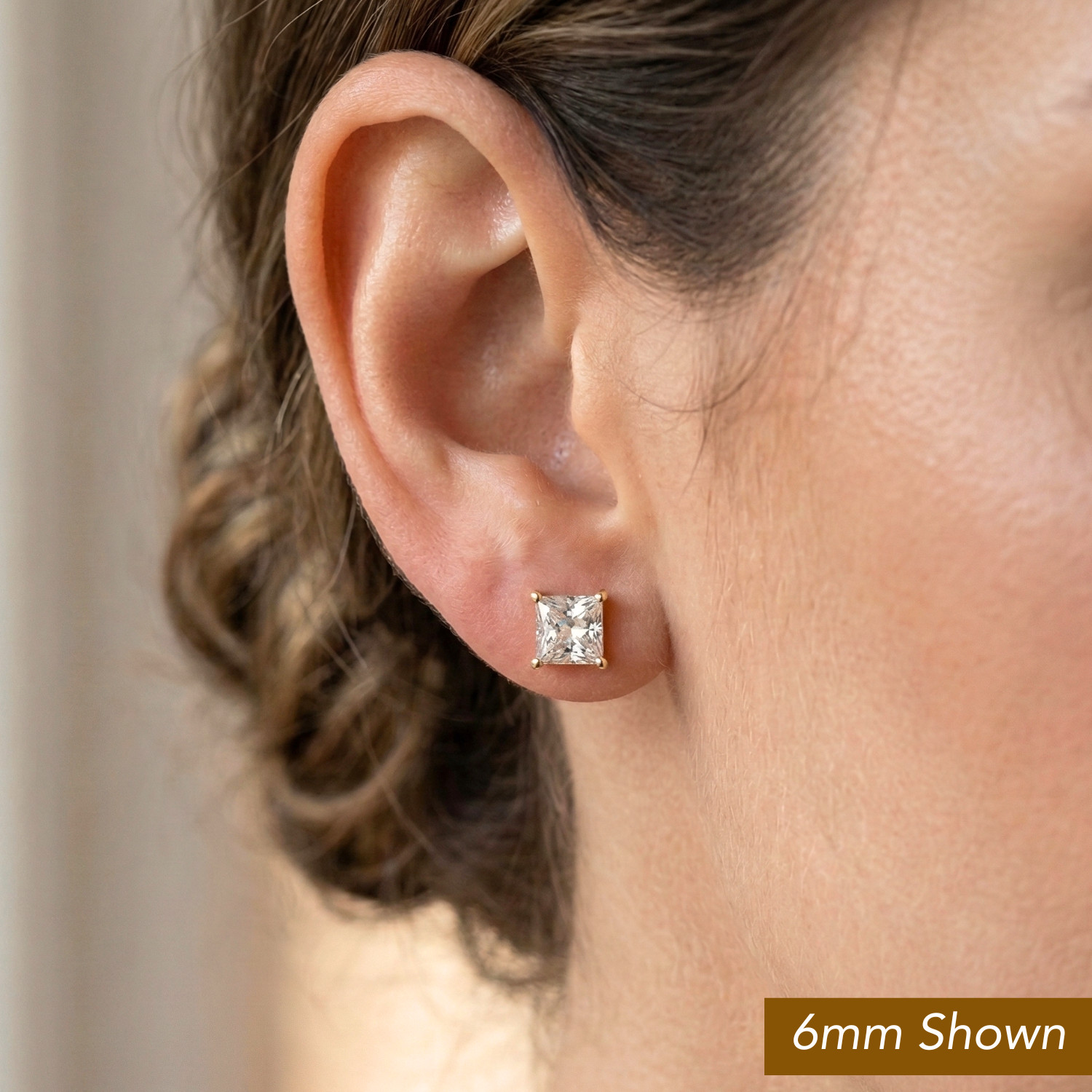 10K Real Solid Gold Princess-Cut Solitaire Stud Earrings Pushback 3mm-8mm