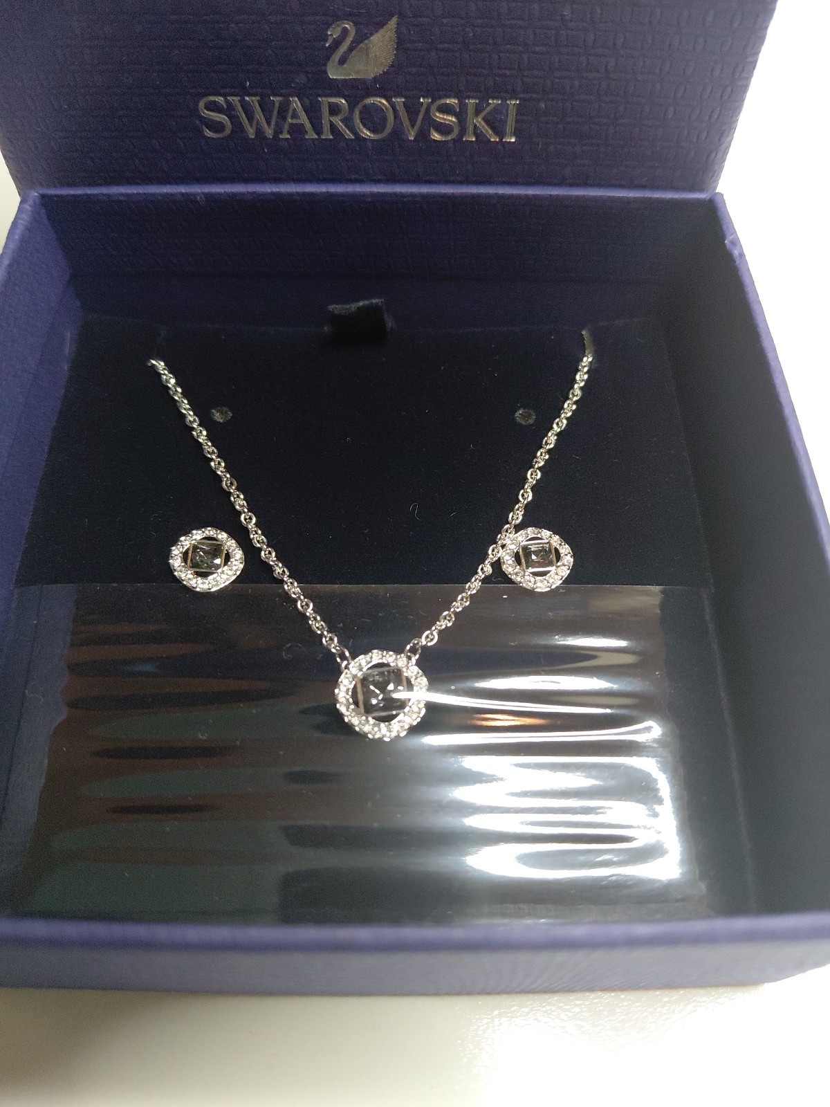 NEW AUTHENT SWAROVSKI SET Una Angelic Necklace Pendant/Earrings Blackish Stone