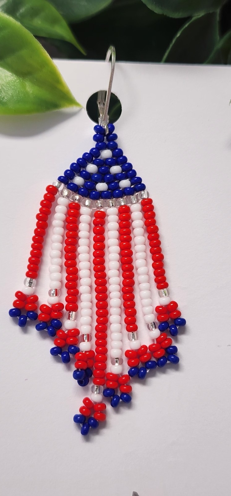 Beaded American Flag Desing Earrings. Handmade. Long 2.8 in.
