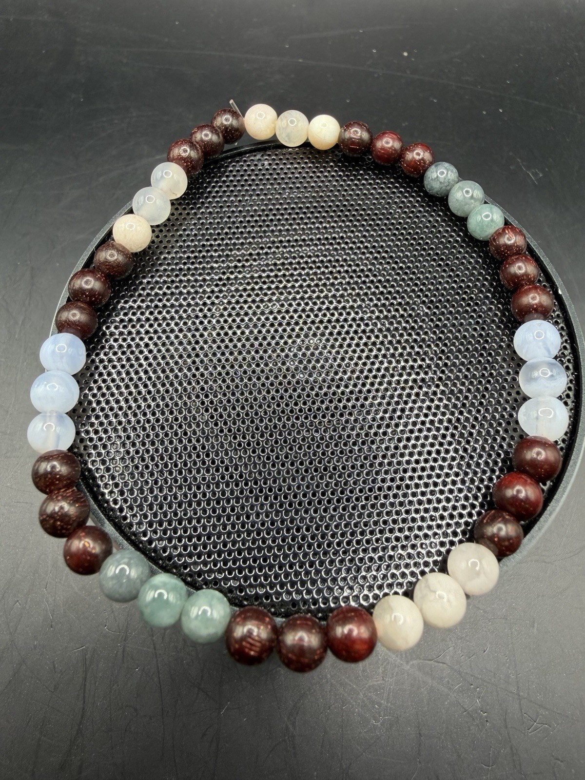 Beaded Bracelet with Blue Water Jade, Pink Flower Agate, and Sandalwood Beads