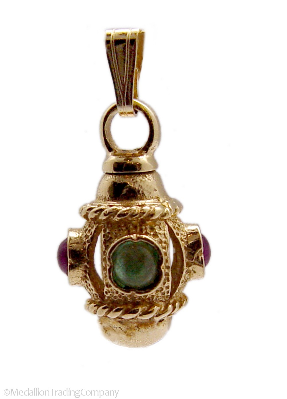 Antique 14k Yellow Gold Ruby Emerald Etruscan Lamp Lantern Rotating Pendant