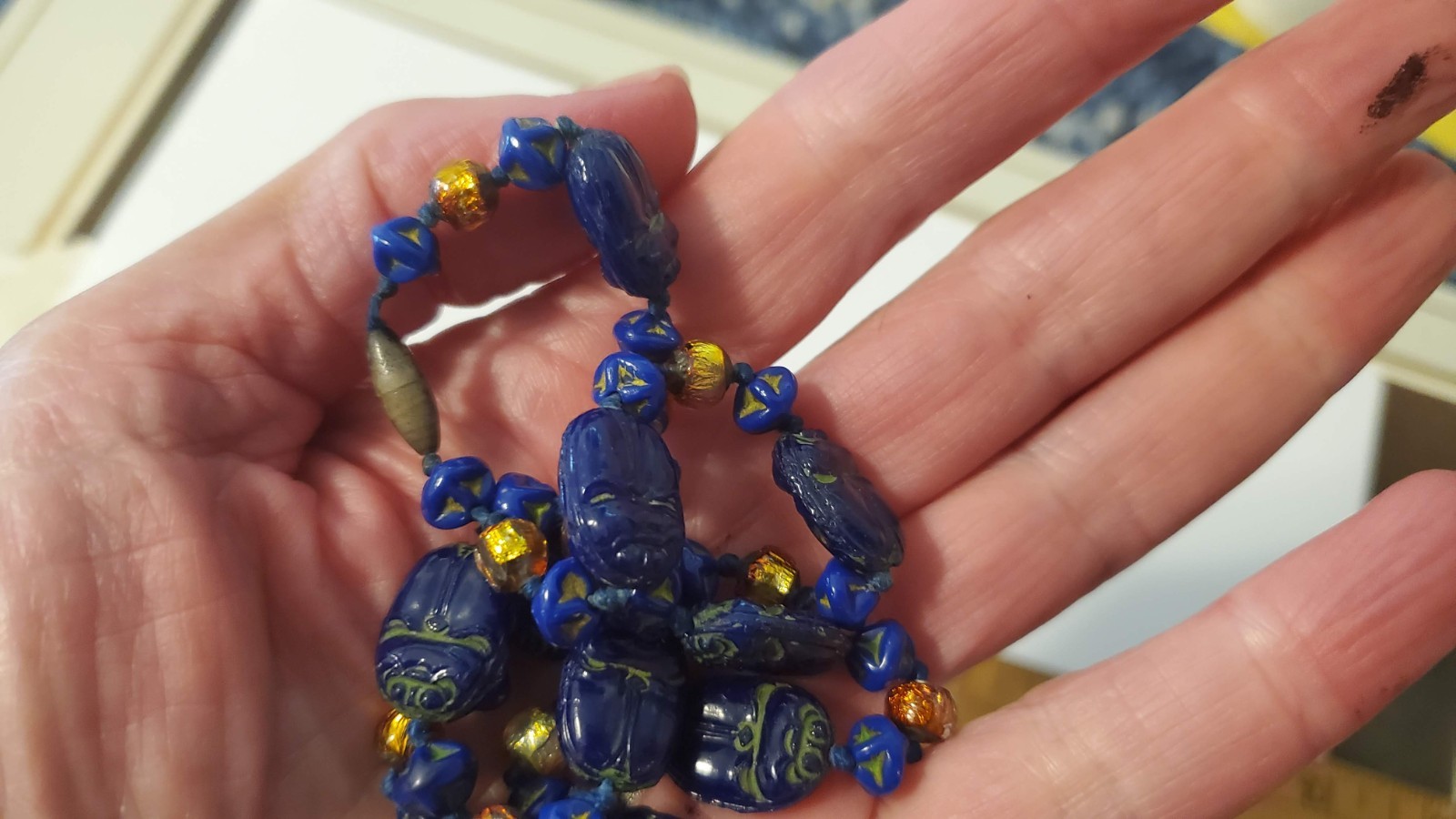 Antique Neiger Brothers Czech Egyptian revival scarab cobalt blue murano foil