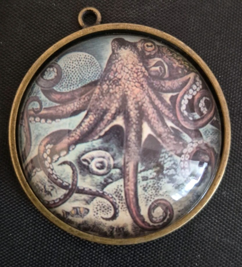 Vintage Round Brass Octopus Pendant with Glass Dome 1 3/4 Inches Diameter