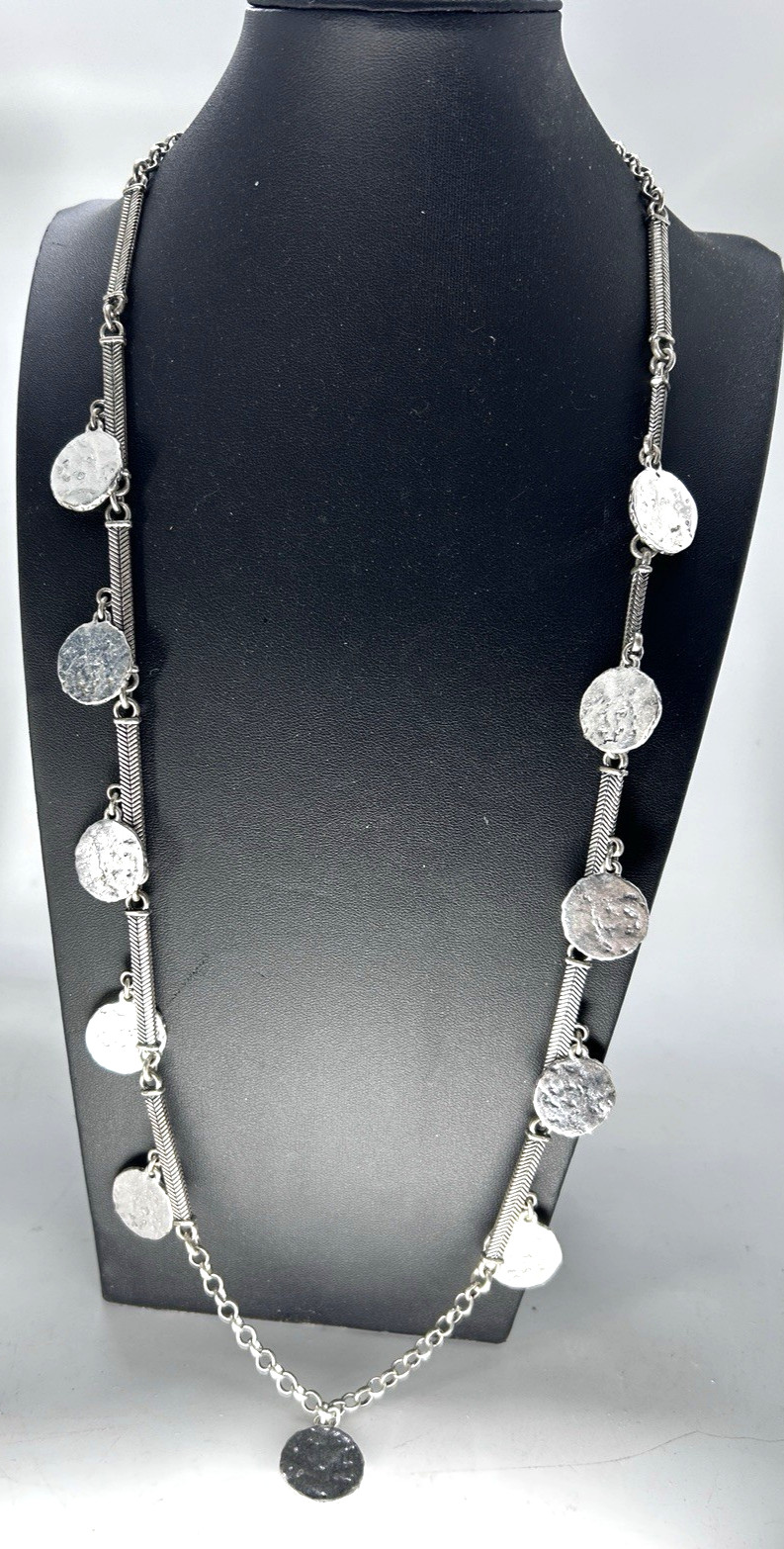 Long Boho Gypsy Style Silver Tone Coin Like Disk Necklace 17″ On 34″ Long