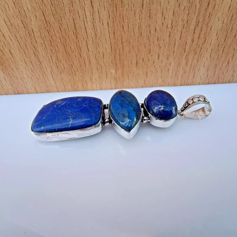 Natural Lapis Lazuli Pendant 925 Sterling Silver Large Antique Handmade Necklace