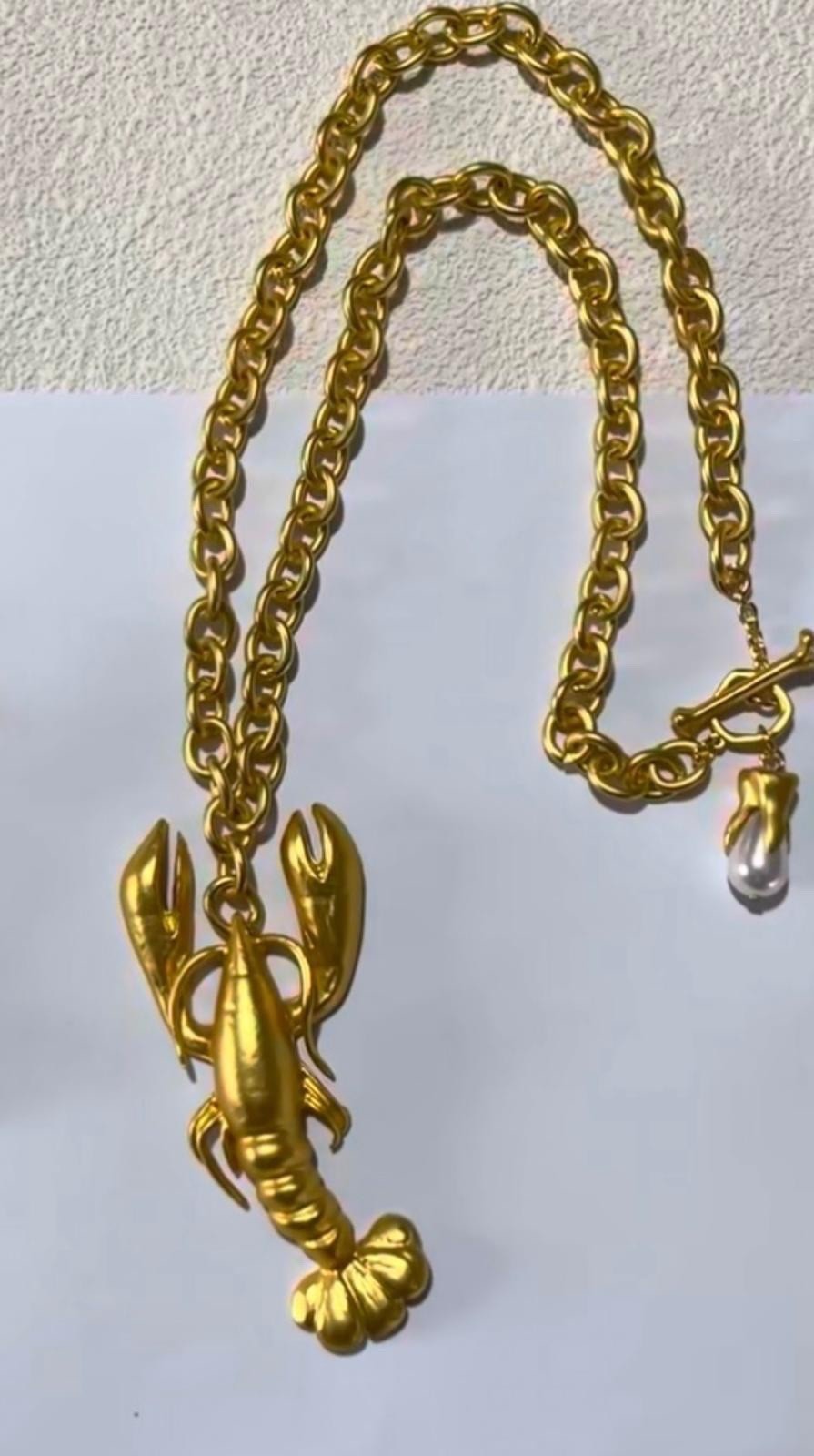 Gold Color Plated Brass Lobster Pendant Necklace Chunky Statement Vintage Style