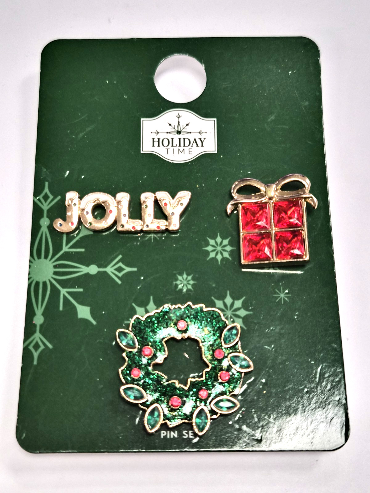 Estate 3pc Holiday Time Jolly Christmas Wreath & Gift Lapel Pin / Brooch Set