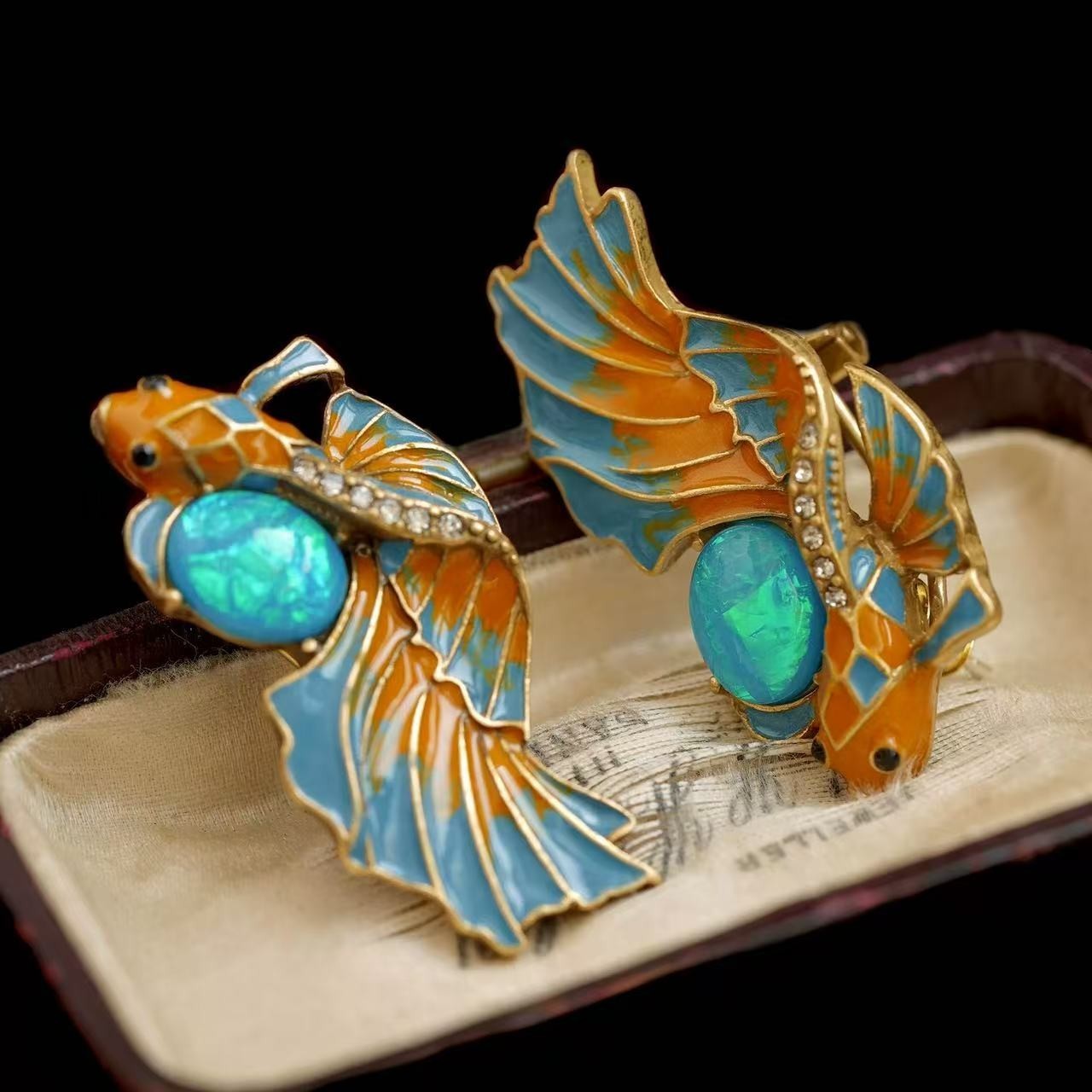Vintage Enamel Koi Fish Earrings Art Nouveau Statement Jewelry Gold Blue Orange