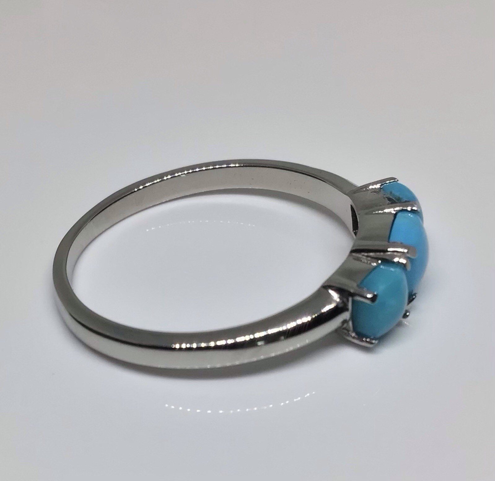 Three-Stone Cushion Sleeping Beauty Turquoise Pure Stainless Steel Ring SZ 10