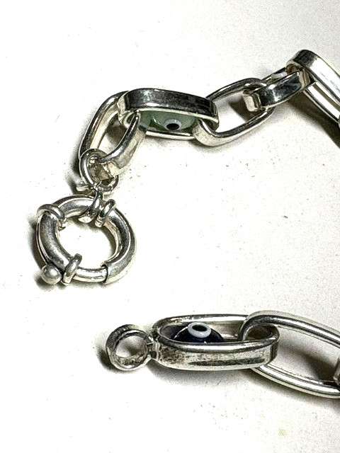 925 Sterling Silver and Articulated Evil Eye Art Glass Link Bracelet