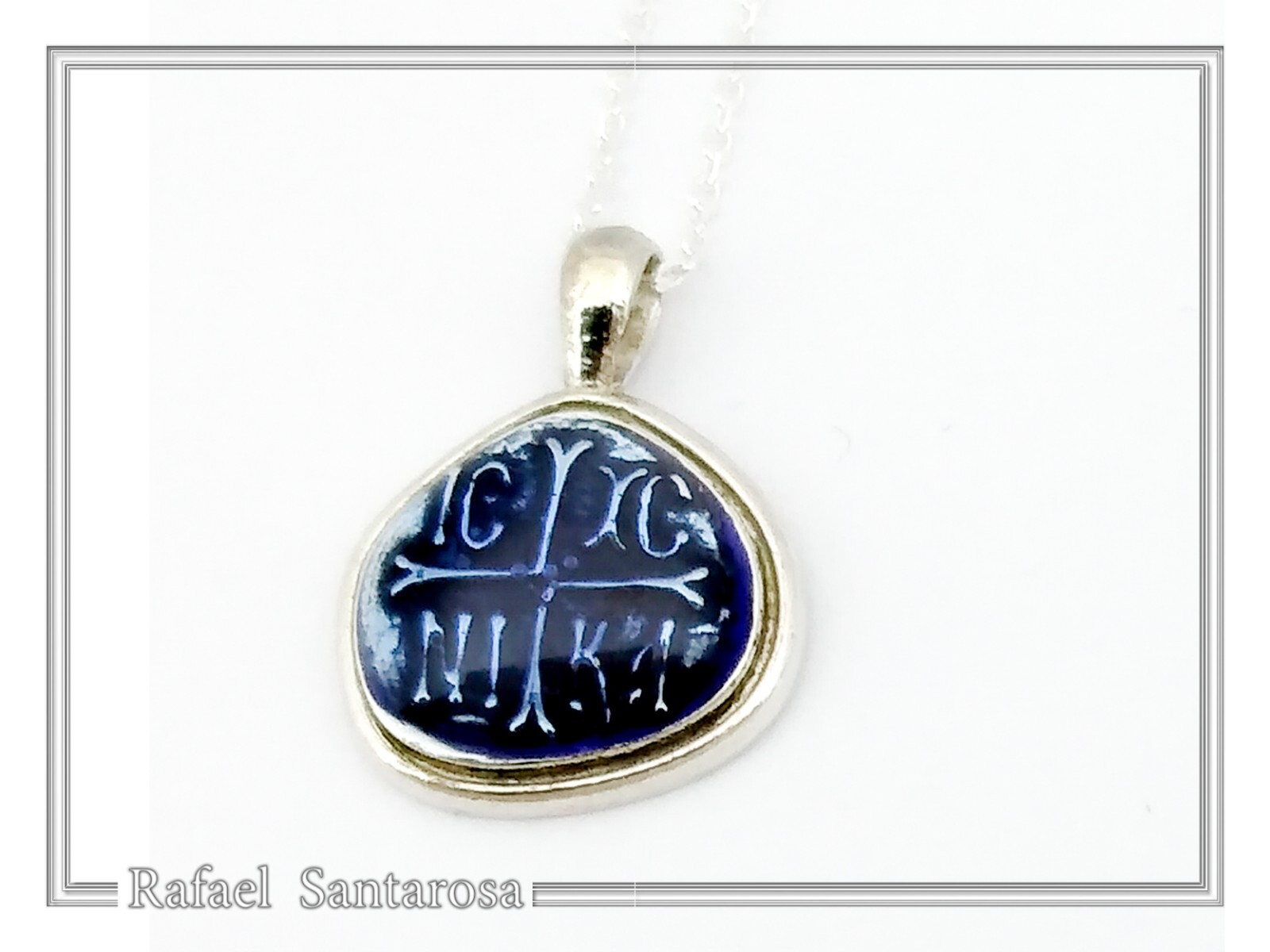 Protection cross coinshape Jesus Christ Wins silver enamel talisman charm