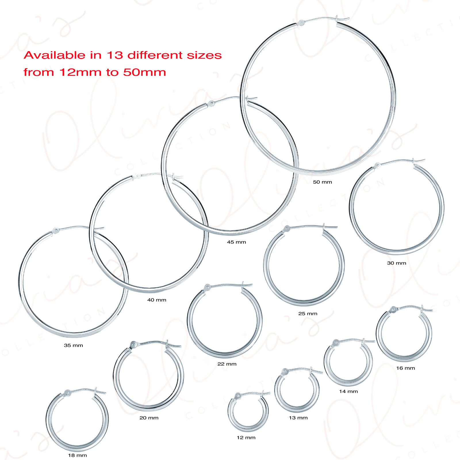 14k White Gold Hollow Hoop Earrings (12-50×2.0mm)