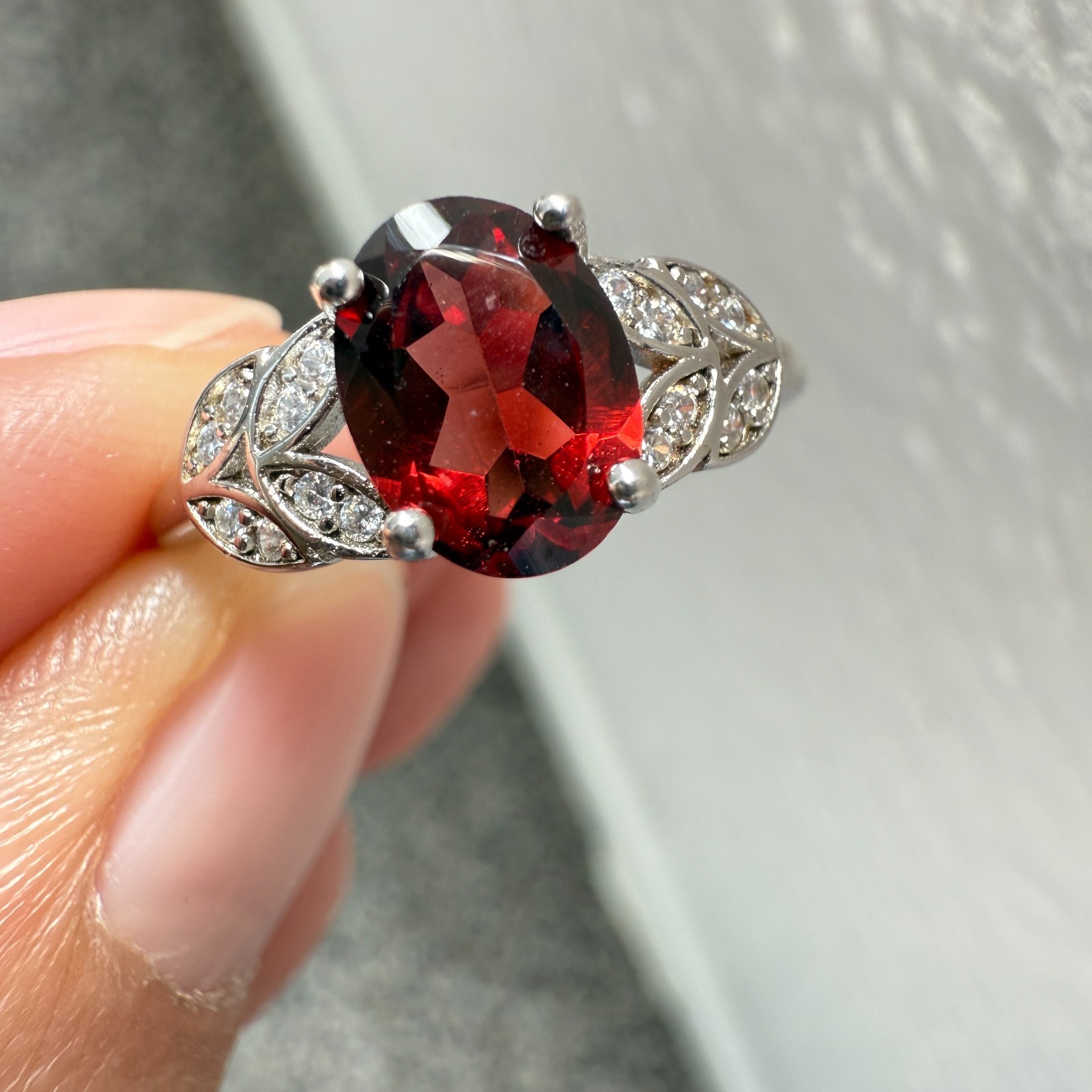 925 Sterling Silver Ring 8x6mm Natural Rhodolite Garnet Gemstone Zircon Flower
