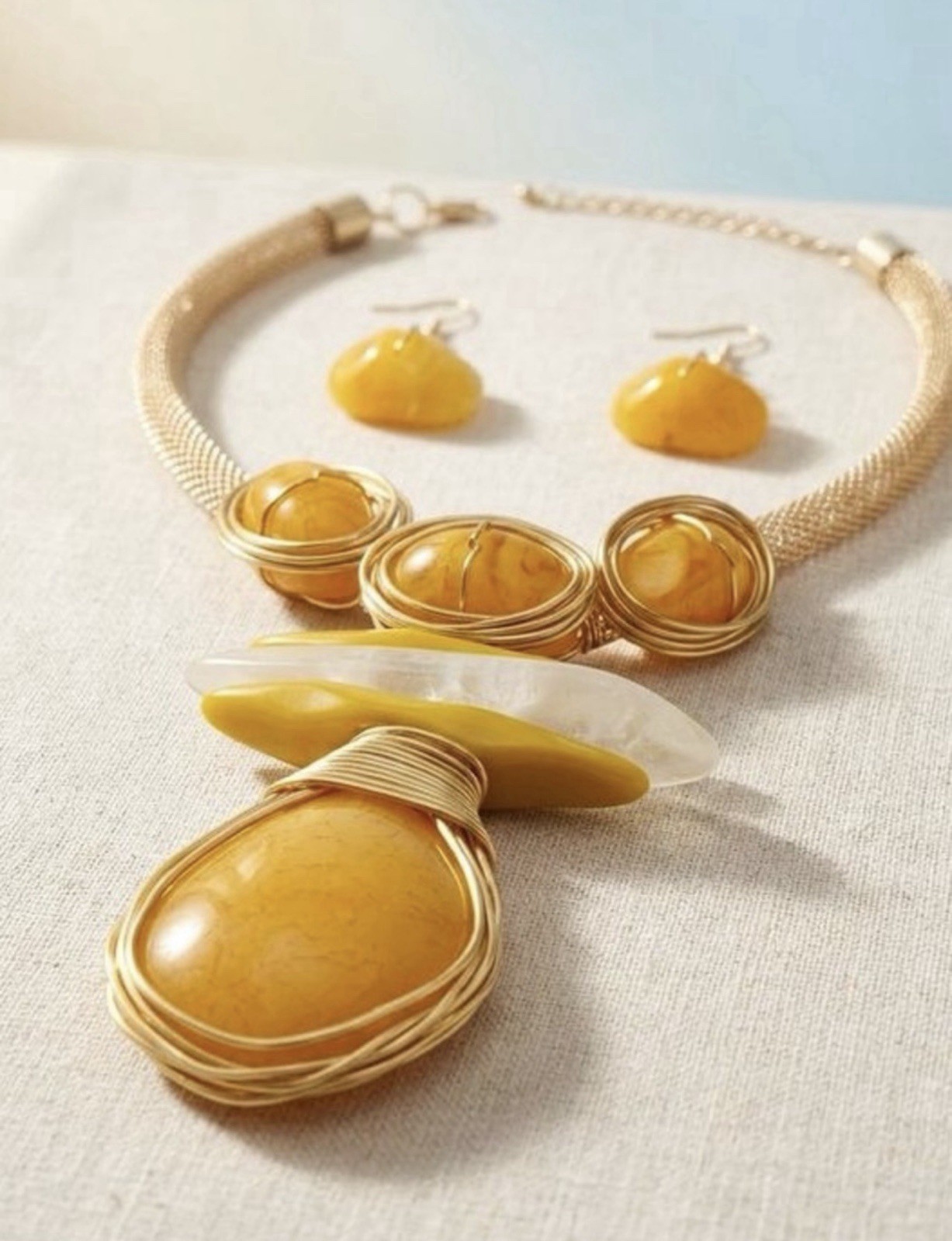 Mustard Yellow Teardrop Pendant Handmade Yellow Resin Necklace and earrings