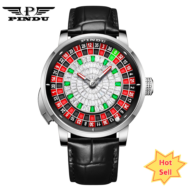 2024 PINDU roulette silver shell black belt button men’s mechanical watch luxury