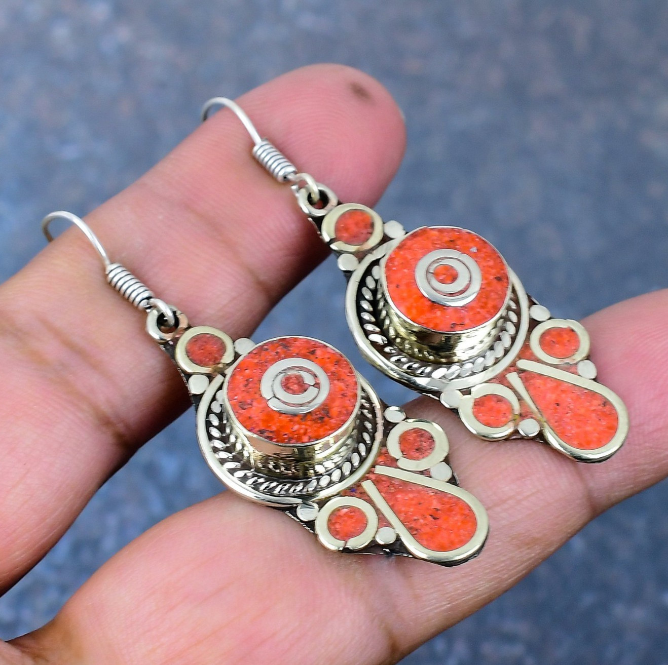 Beautiful Coral Gemstone Handmade 925 Sterling Silver Earrings Nepali Jewelry