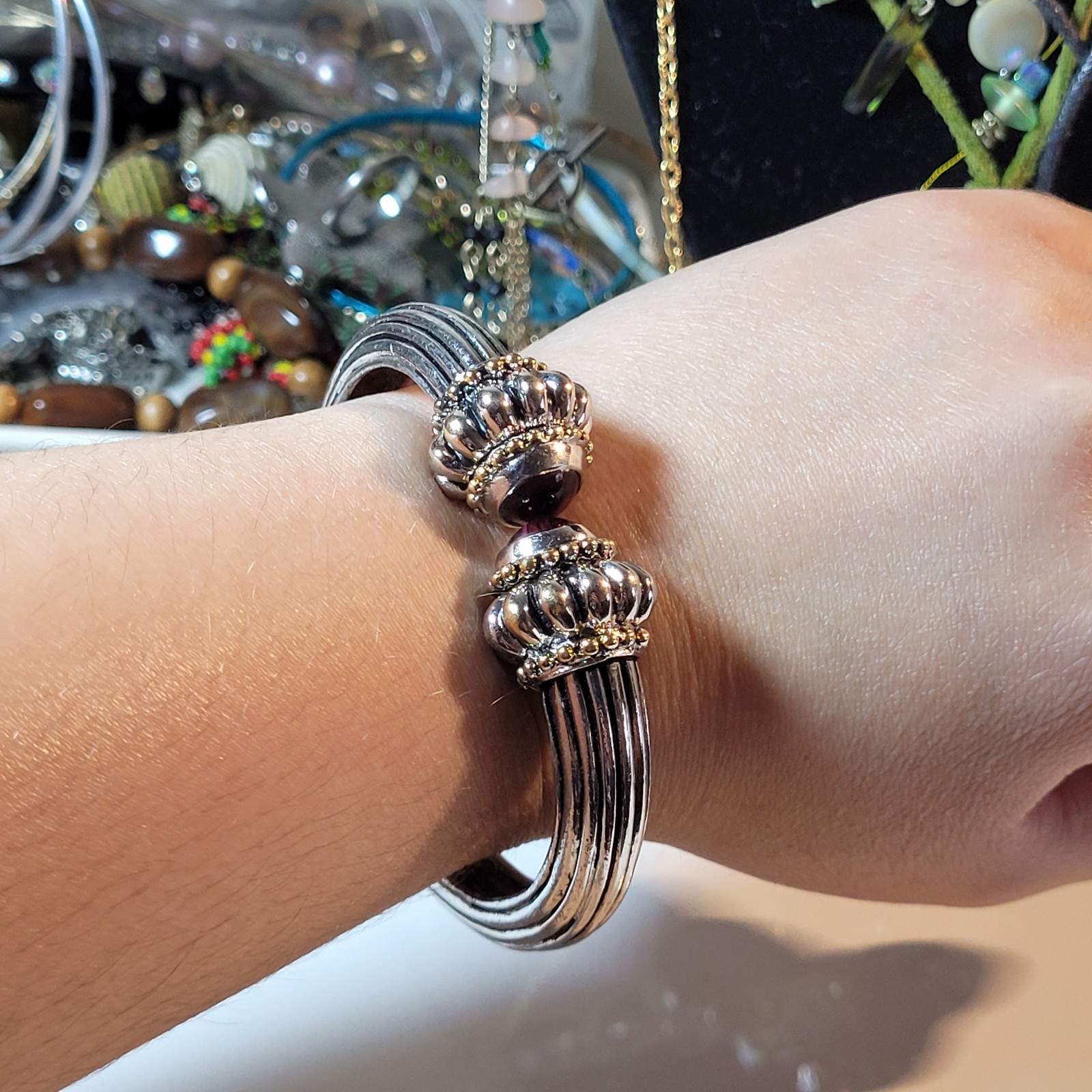 Vintage Heavy Silver And Gold Hinged Bangle Bracelet With Dark Burgundy Stones