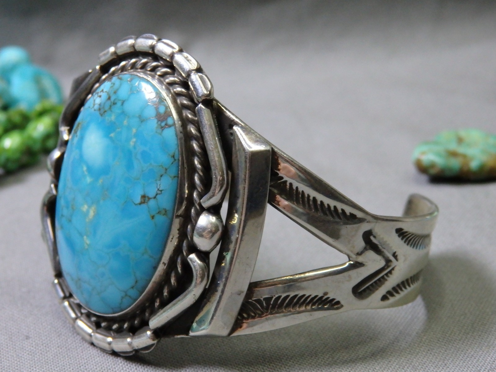 Fred Harvey Era NAVAJO Natural BLUE GEM TURQUOISE Coin Silver 50g CUFF Bracelet