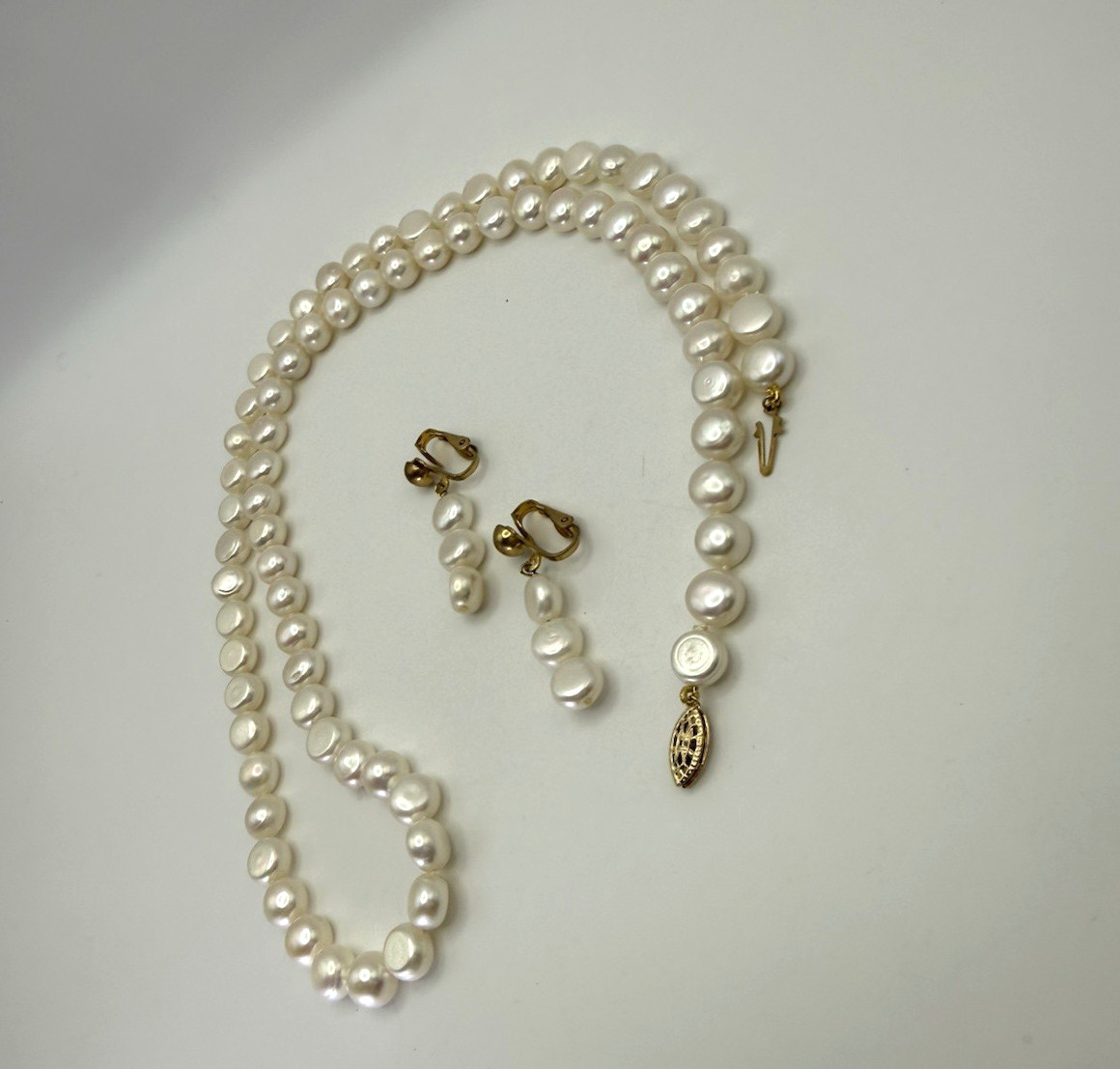 Freshwater Button Pearl Necklace Clip On Earrings Set 14K/20 Gold Filled Clasp