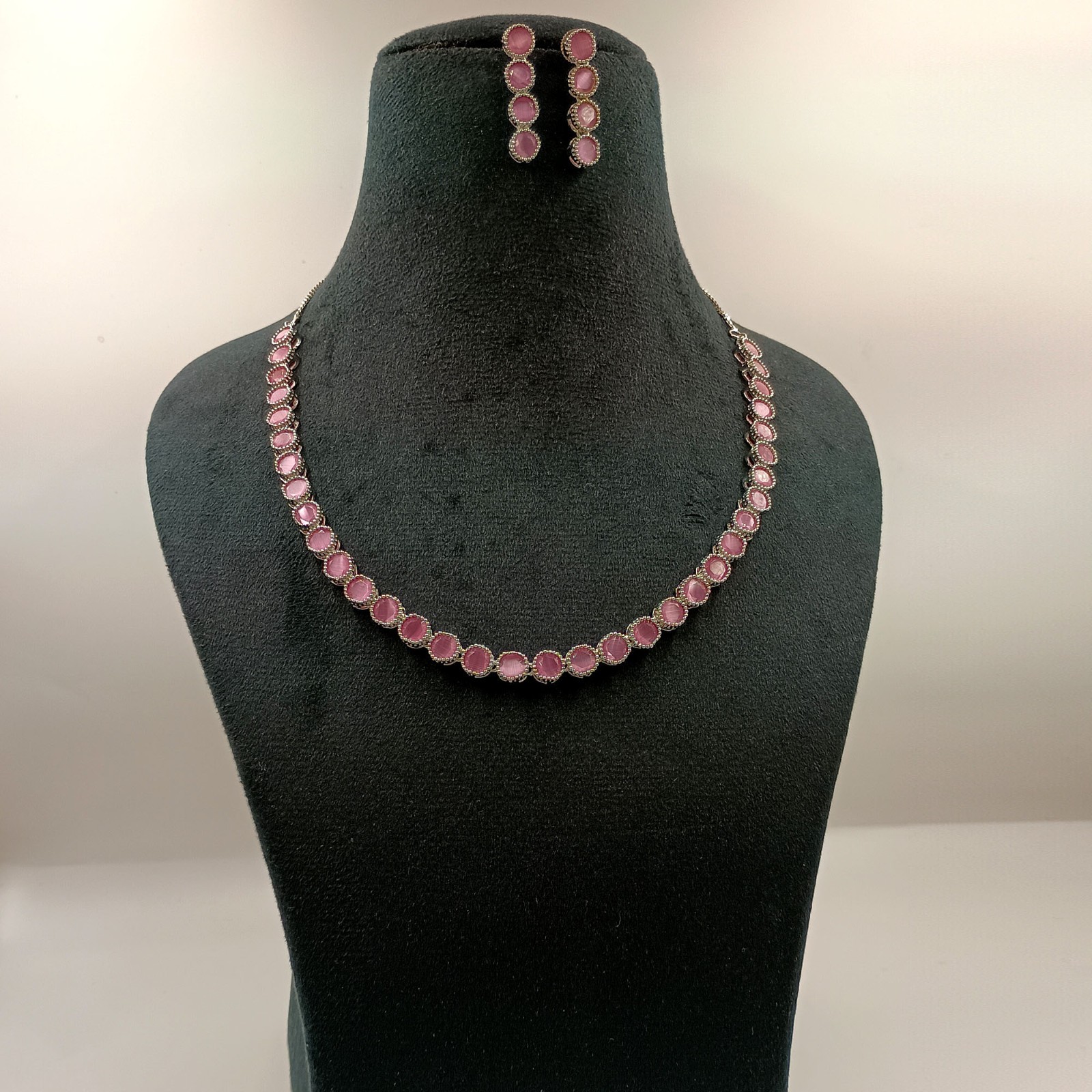 Rose Quartz Round Stone South Indian Necklace Set 22K Gold Plated Ethnic Jewelry