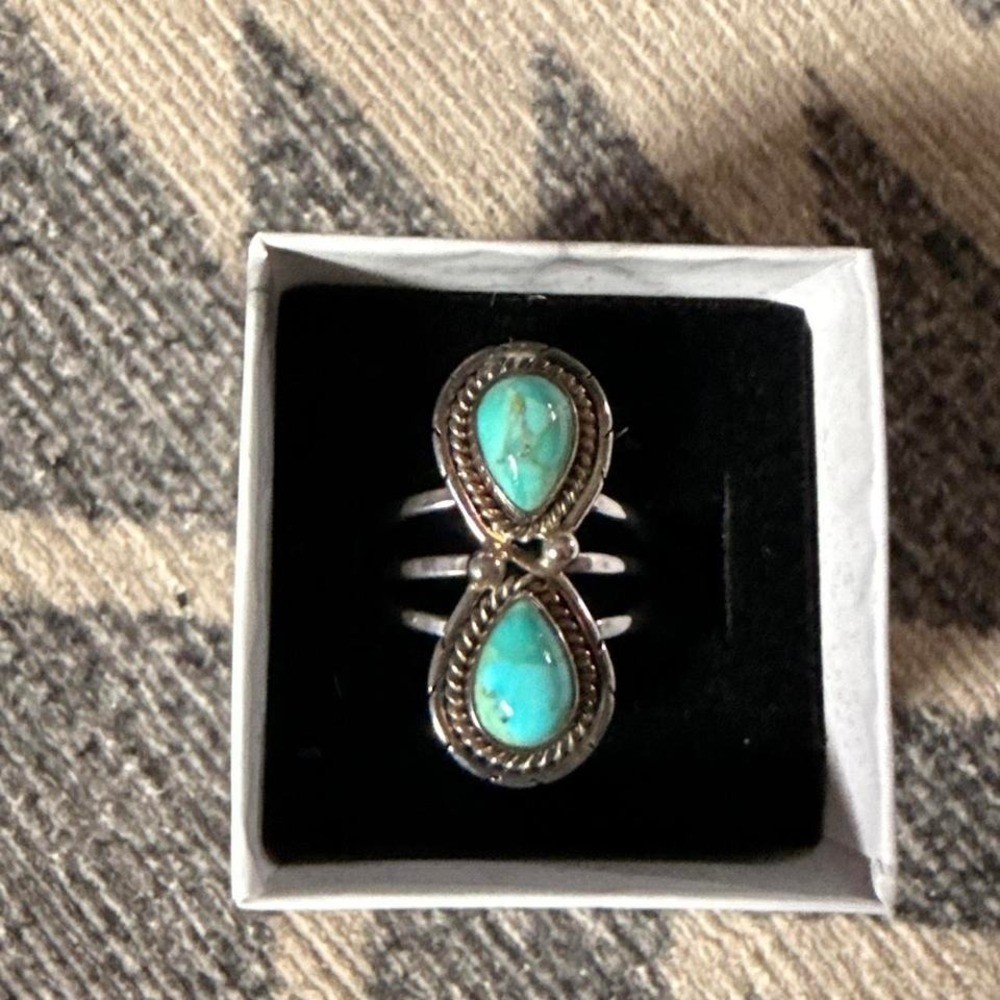 Southwestern Double Teardrop Turquoise Statement Ring Silver Tone Split Shank