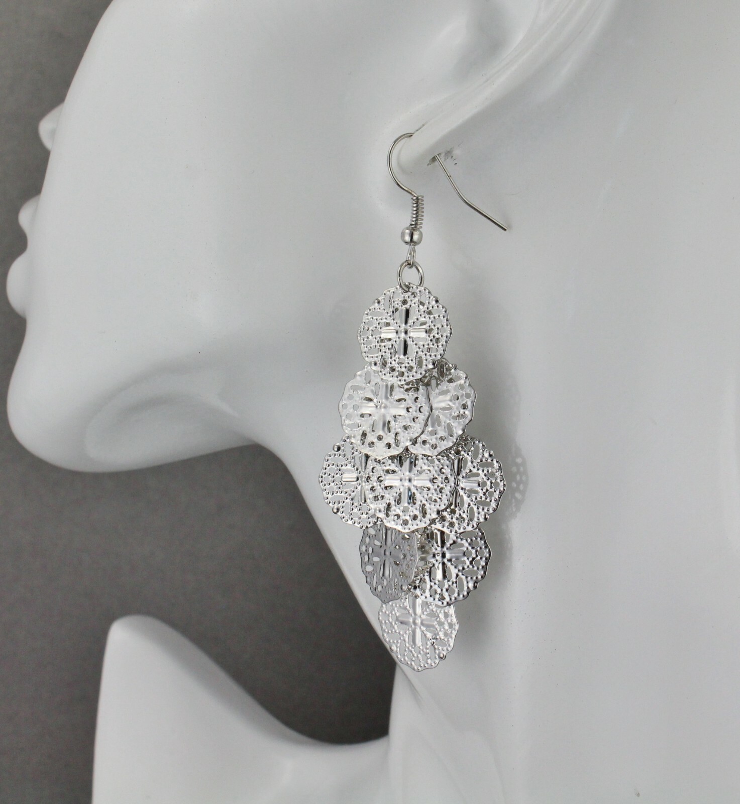 Silver chandelier earrings filigree dangle pendant wiggly 3″ long lightweight