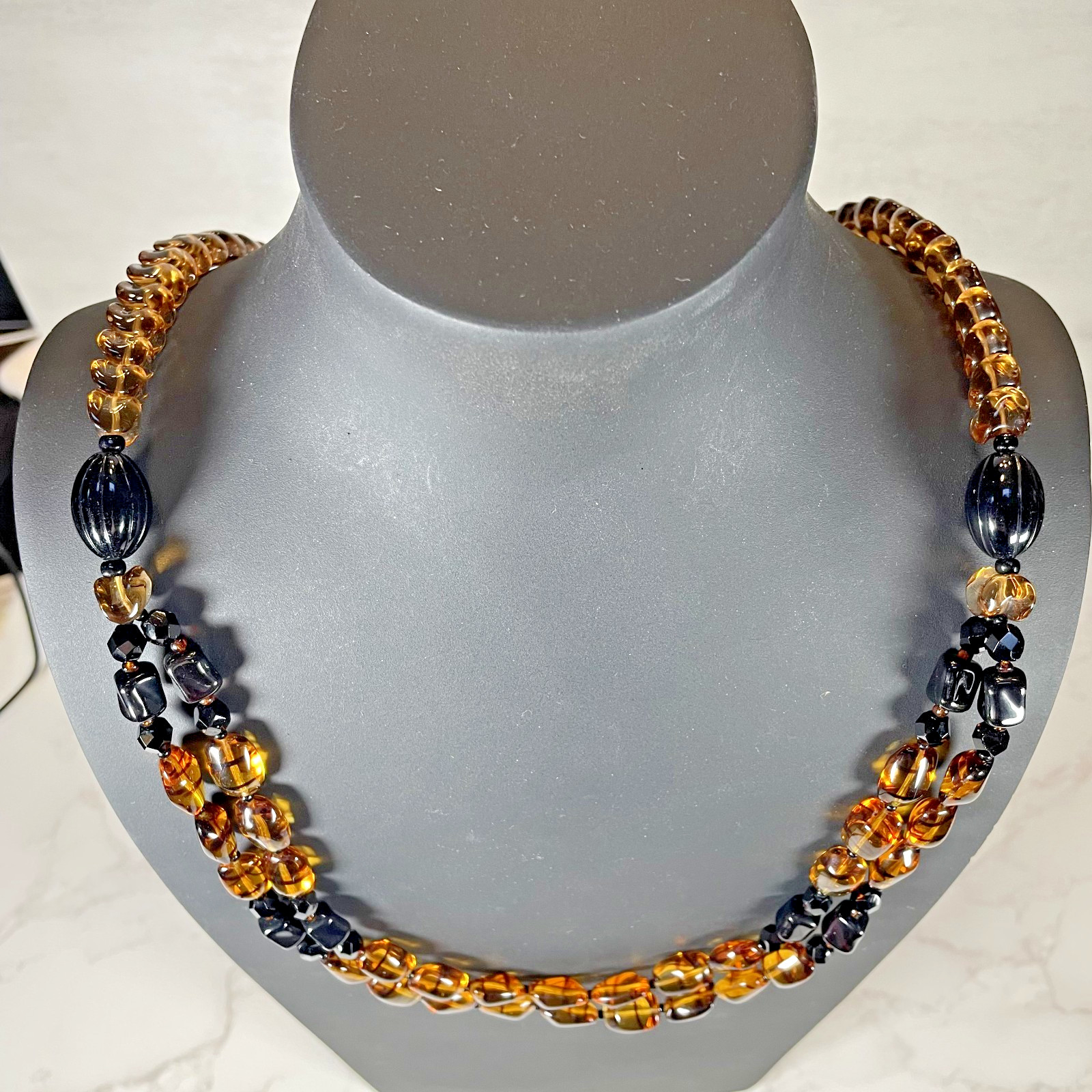 VTG ELLE of California Multi Strand Finest Bohemian Amber Glass Bead Necklace