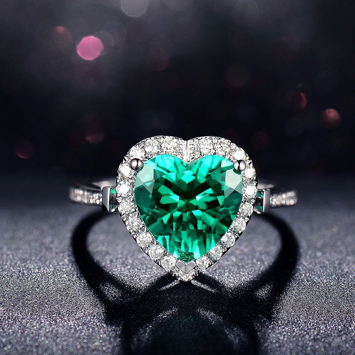 18K White Gold Plated Adjustable Birthstone Green Crystal Love Heart Ring,Gifts