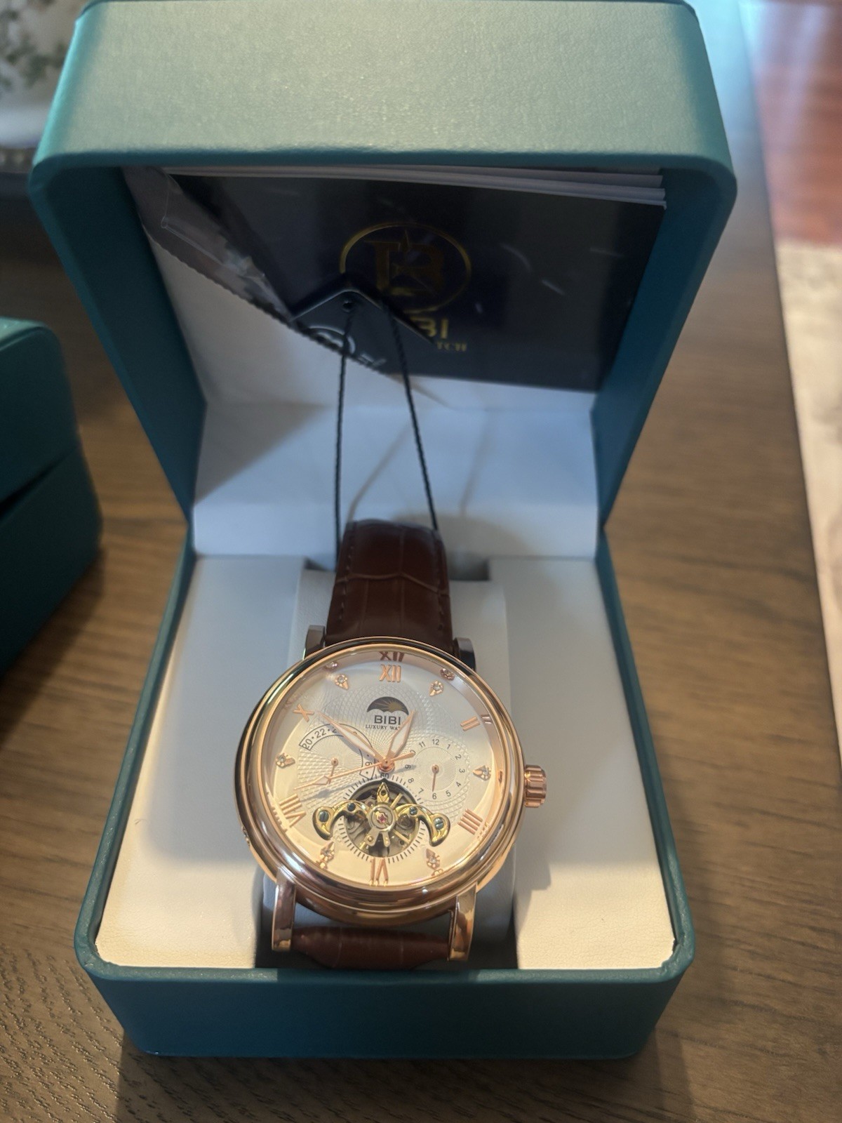 BIBI Luxury Watch Automatic Rose Gold Tone White Roman Dial Brown Leather Strap