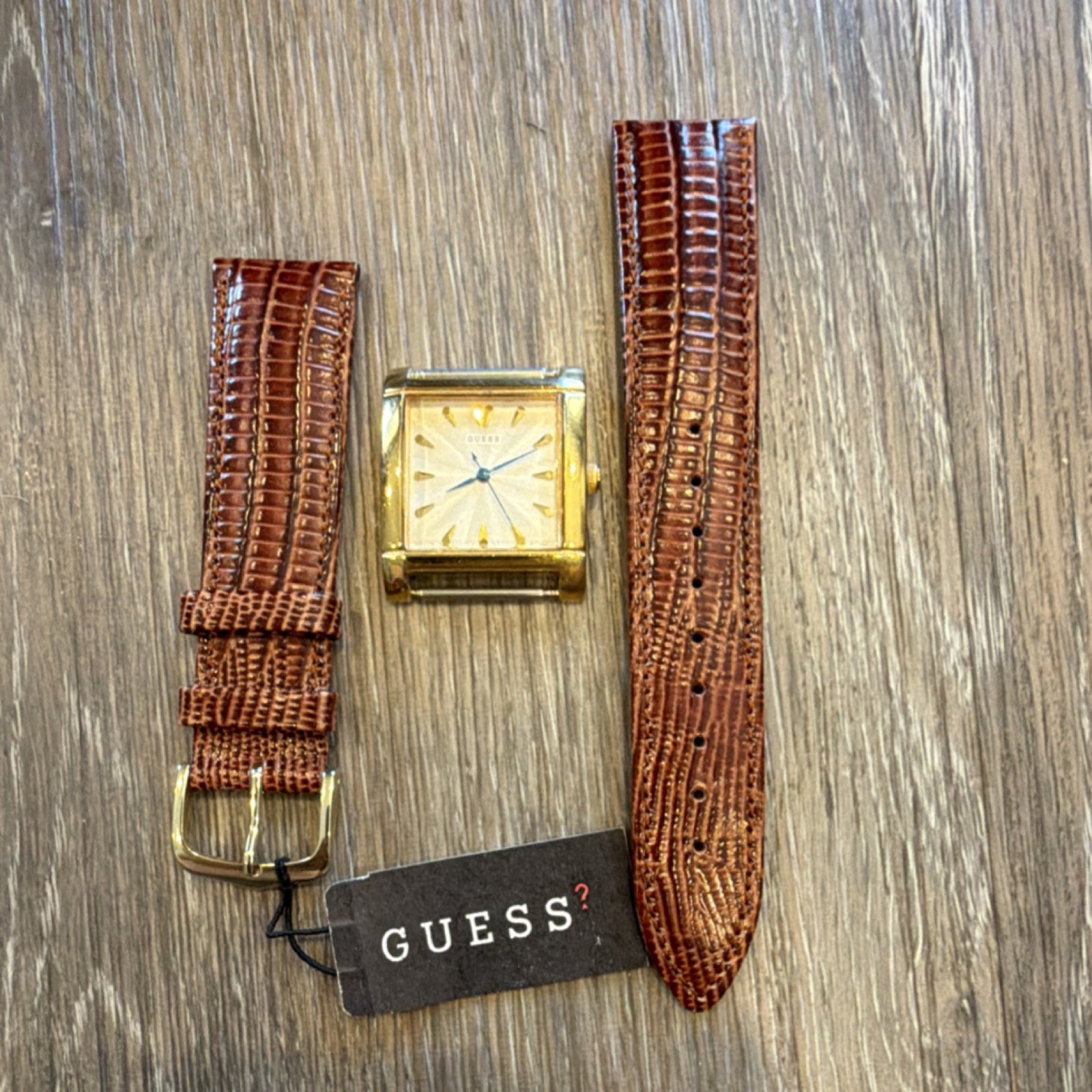 GUESS Gold Metal Wristwatch Brown Leather Strap Non-Numeric Hour Marks