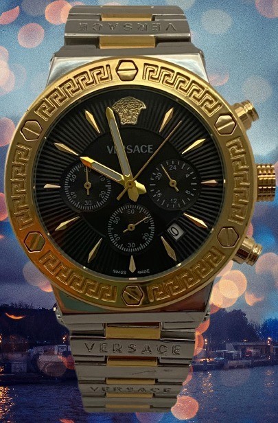 Beautiful Two-Gold Tone Versace Greca Chronograph/Date Refurbished Quartz Watch