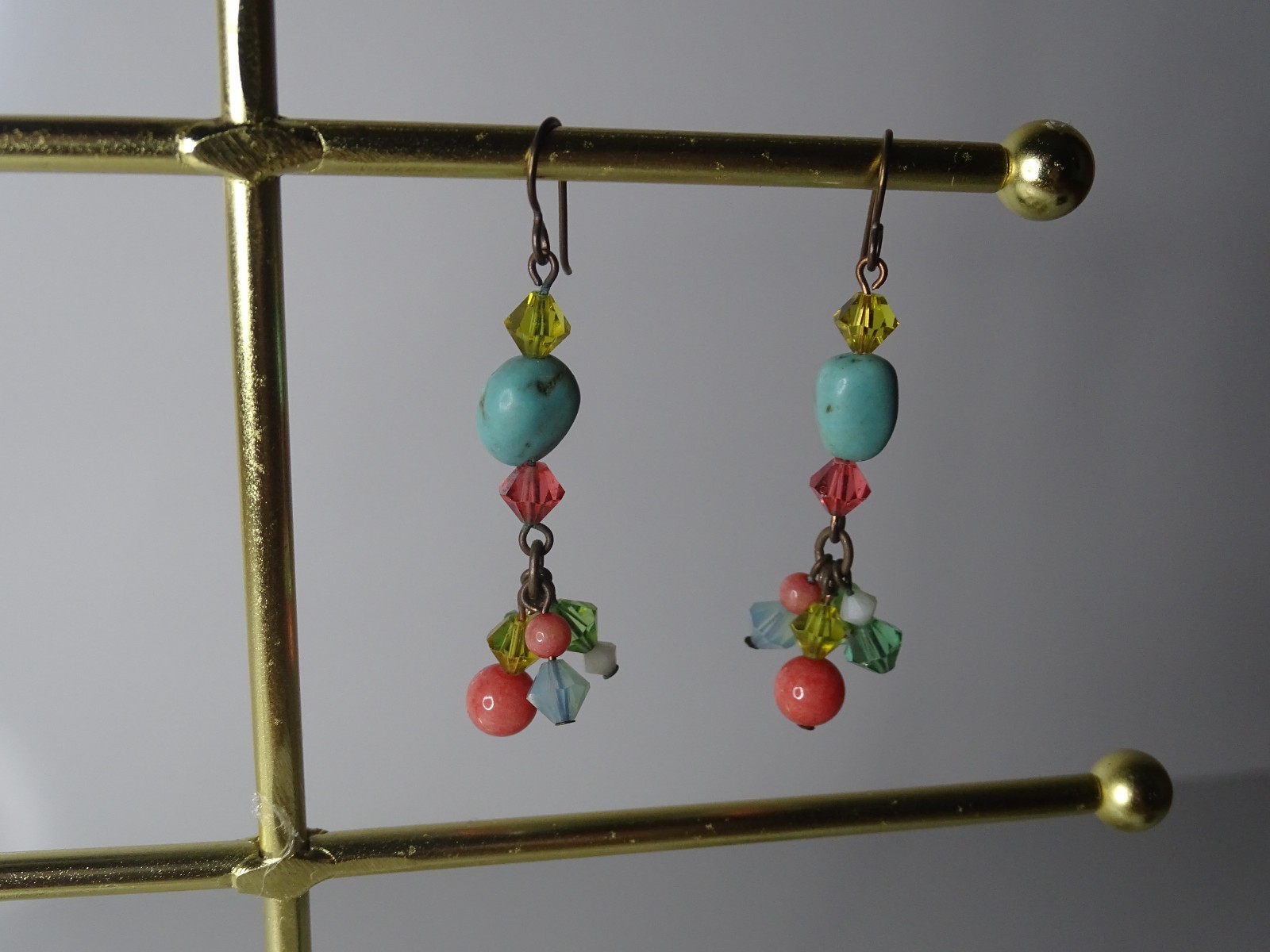 Vibrant Southwestern Turquoise & Red Coral Beaded Dangle Hook Earrings 7.83g