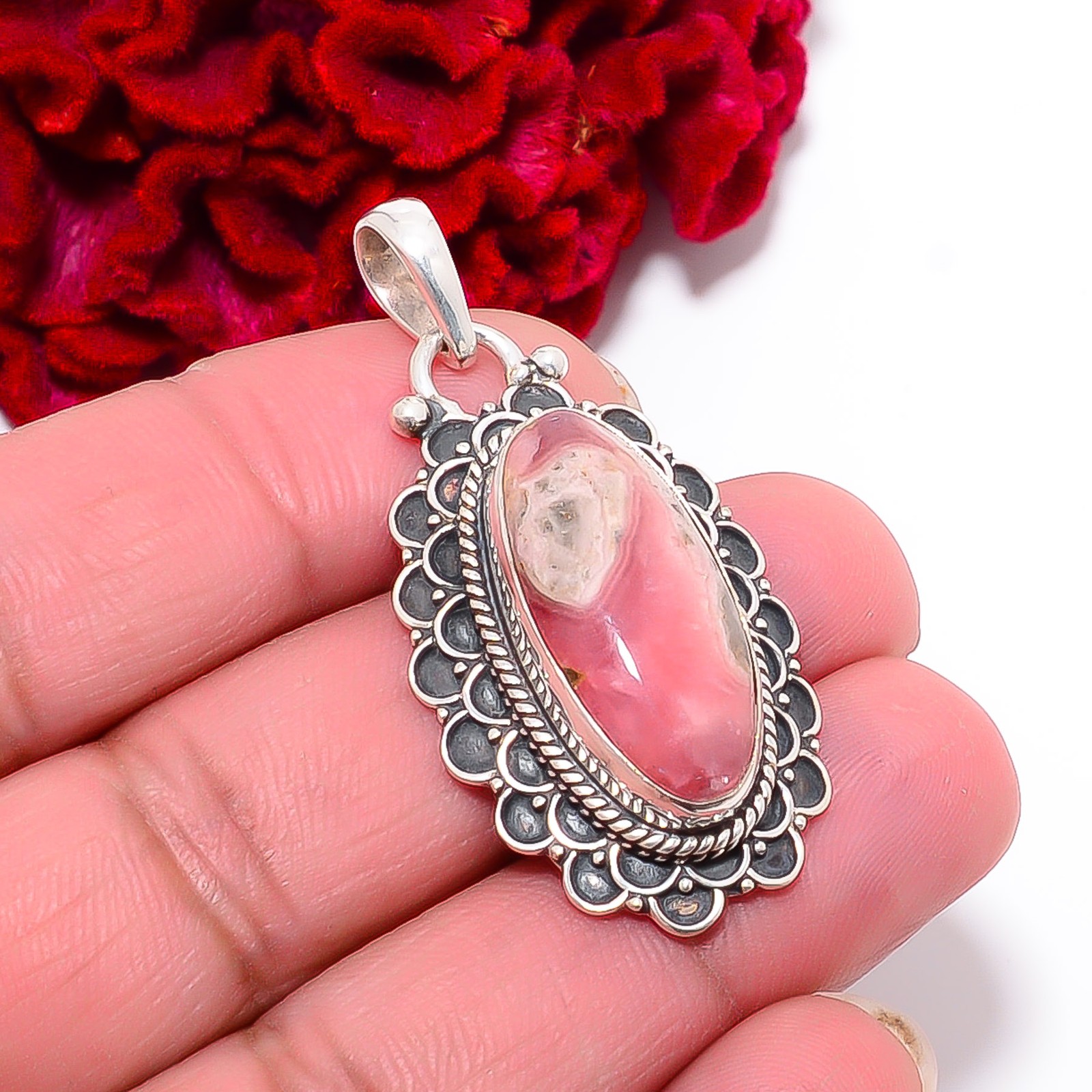 Rhodochrosite – Argentina Handmade 925 Sterling Silver Pendant 1.87″ P99916