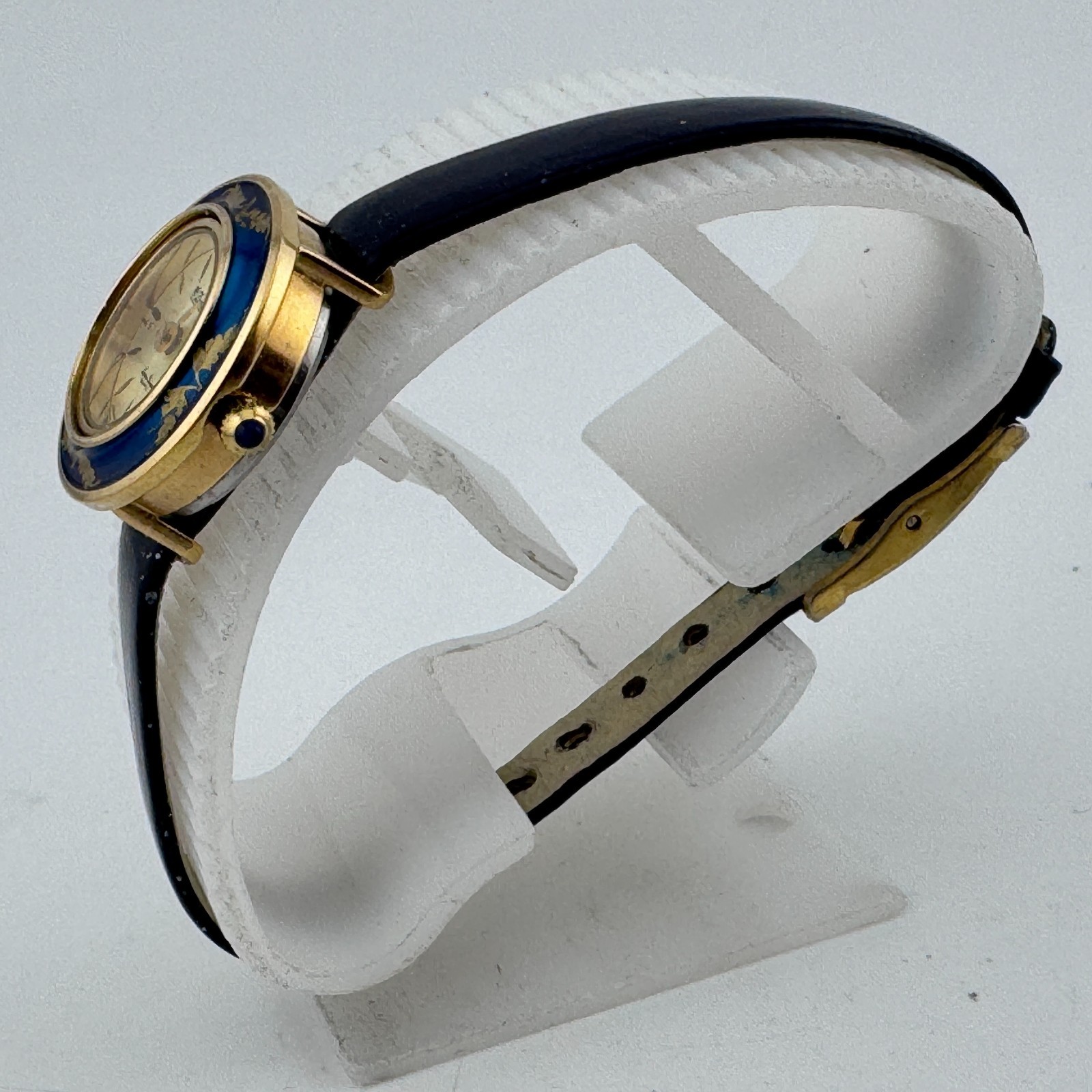 VTG Dufonte Quartz Watch Women 20mm Gold Tone Enamel Bezel Leather New Battery