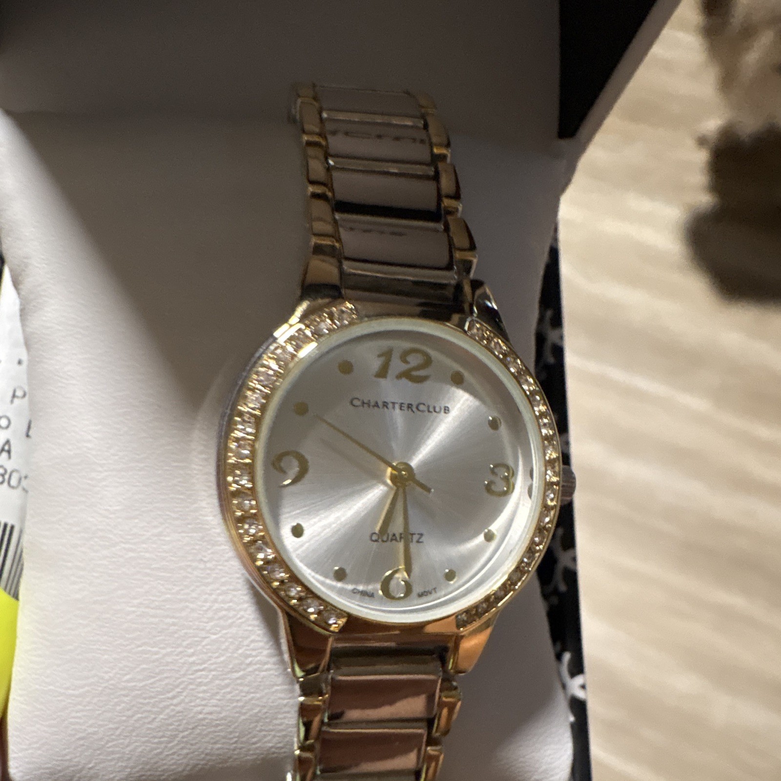 Charter Club Women’s Quartz Analog Gold-Tone Bracelet Silver Dial Gem Bezel Box