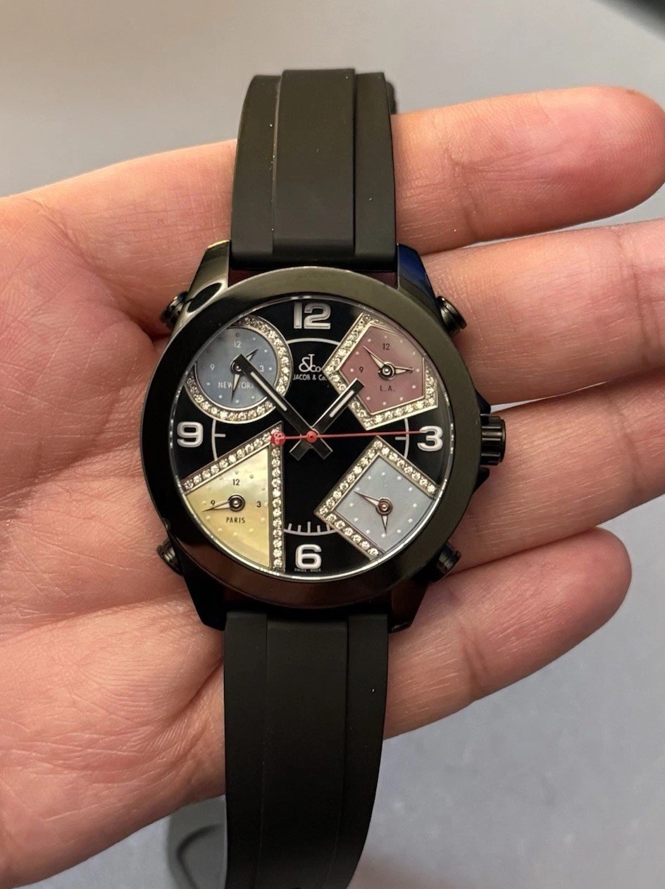 Jacob & Co Five Time Zone Quartz 40mm Black Diamond Dial A5267 NEEDS BATTERY