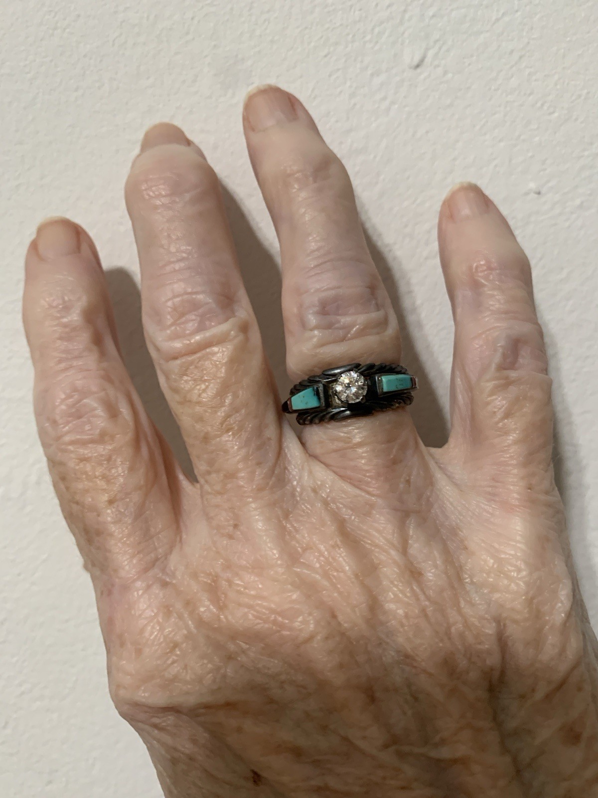 American Navajo Style Woman’s SS Engagement Ring,Inlaid Turquoise,CZ center, 7.5